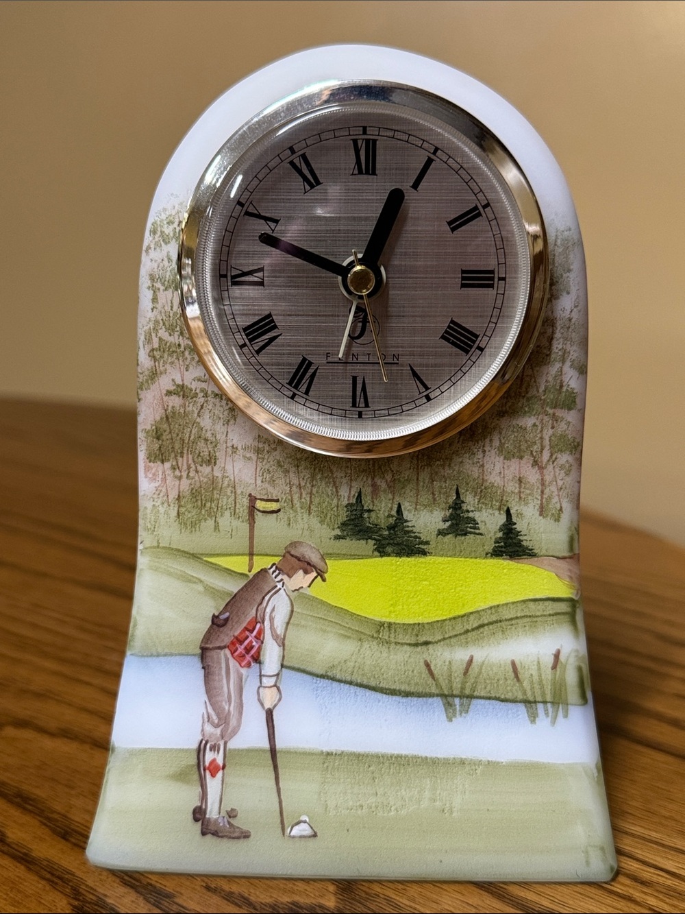 Fenton Art Glass hand painted "Golfer" Clock - Golf Scene Alarm Clock 6 1/8”